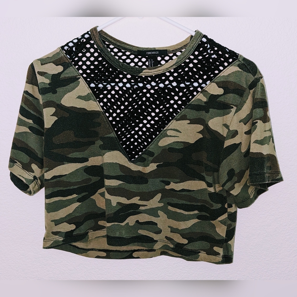 Size Small Cropped Camo and Mesh Top by "Forever 21"